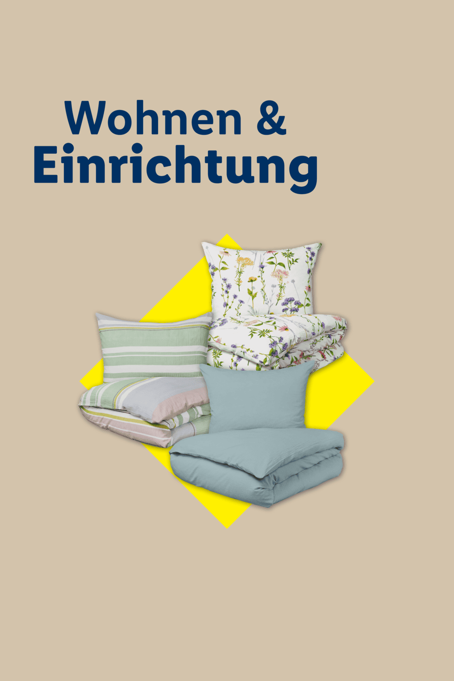 Wohnen & Einrichtung: Bettwäsche und Kissen in verschiedenen Mustern und Farben.