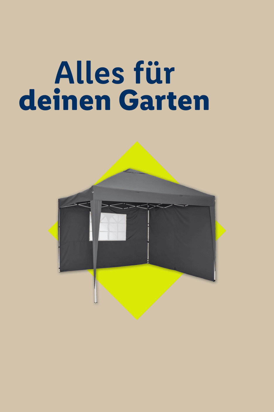 Graues Partyzelt mit Fenstern auf gelbem Hintergrund, Text: Alles für deinen Garten