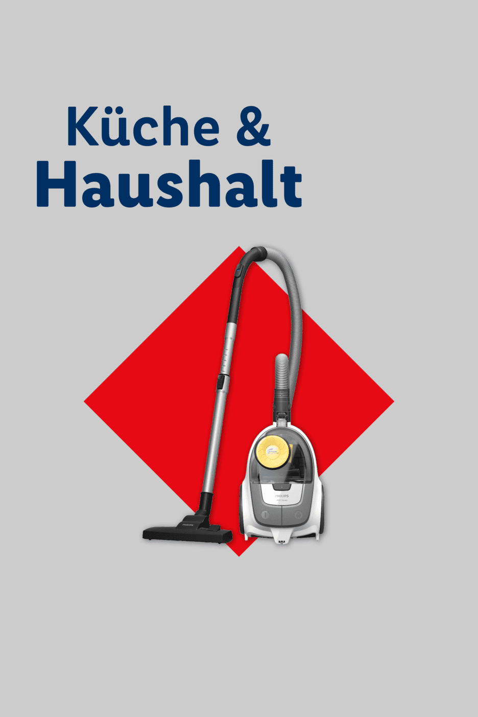 Staubsauger vor rotem Hintergrund mit Text 'Küche & Haushalt'