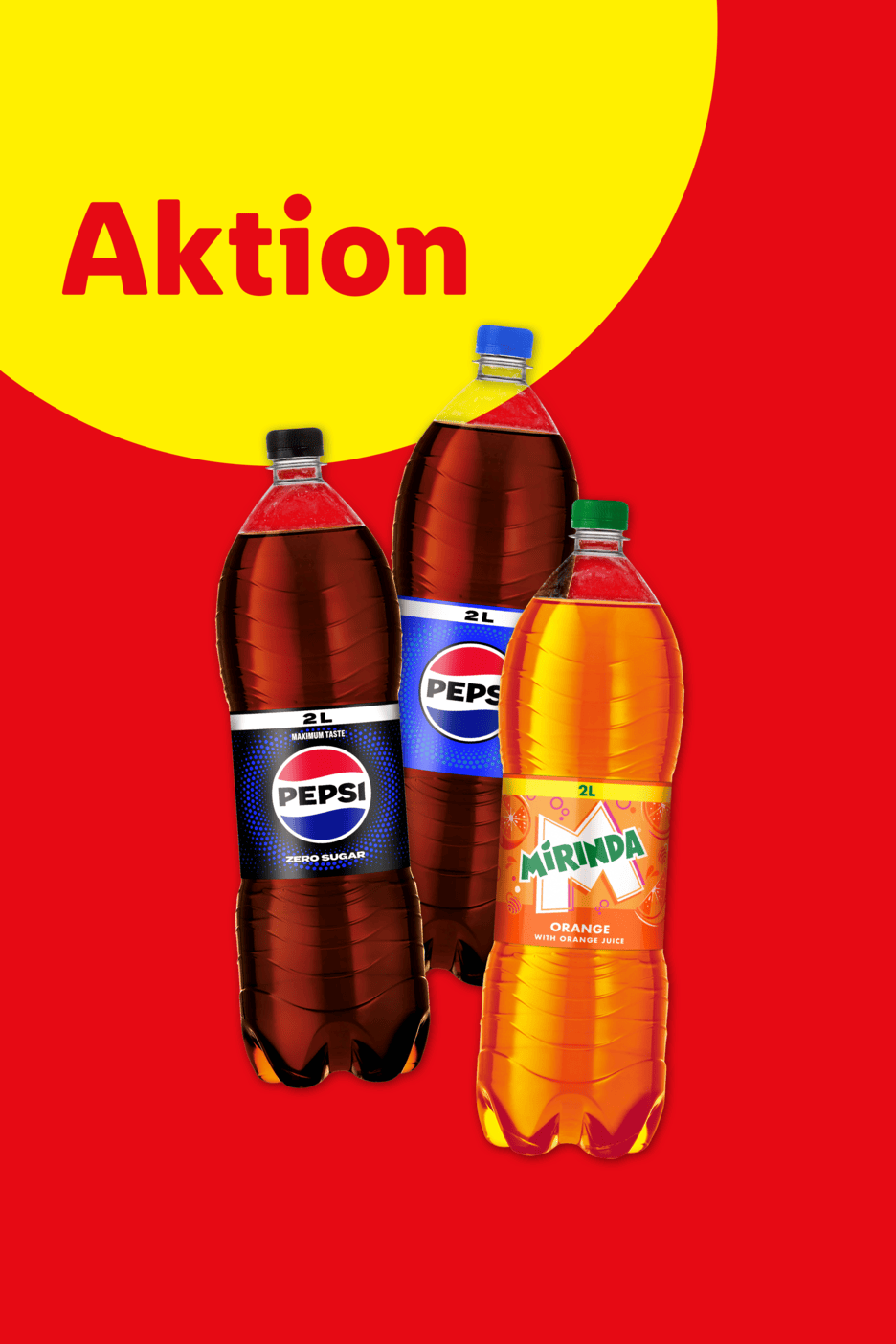 Drei Flaschen Limonade in den Sorten Cola und Orange auf rotem Hintergrund mit gelbem Kreis und dem Wort 'Aktion'.