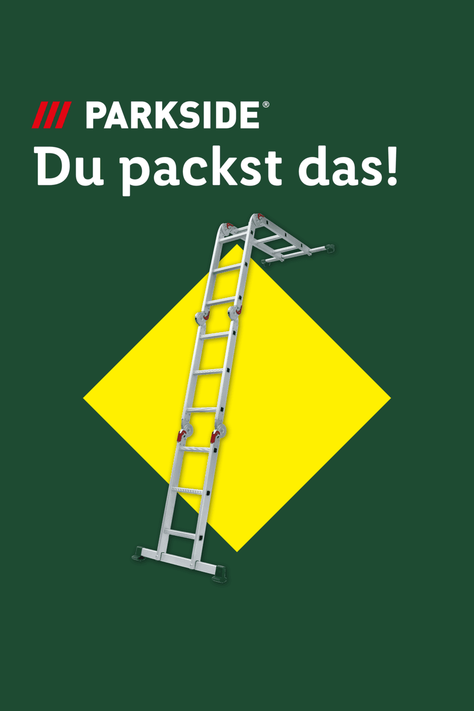 Eine Mehrzweckleiter auf gelbem Hintergrund mit dem Text 'Du packst das!'