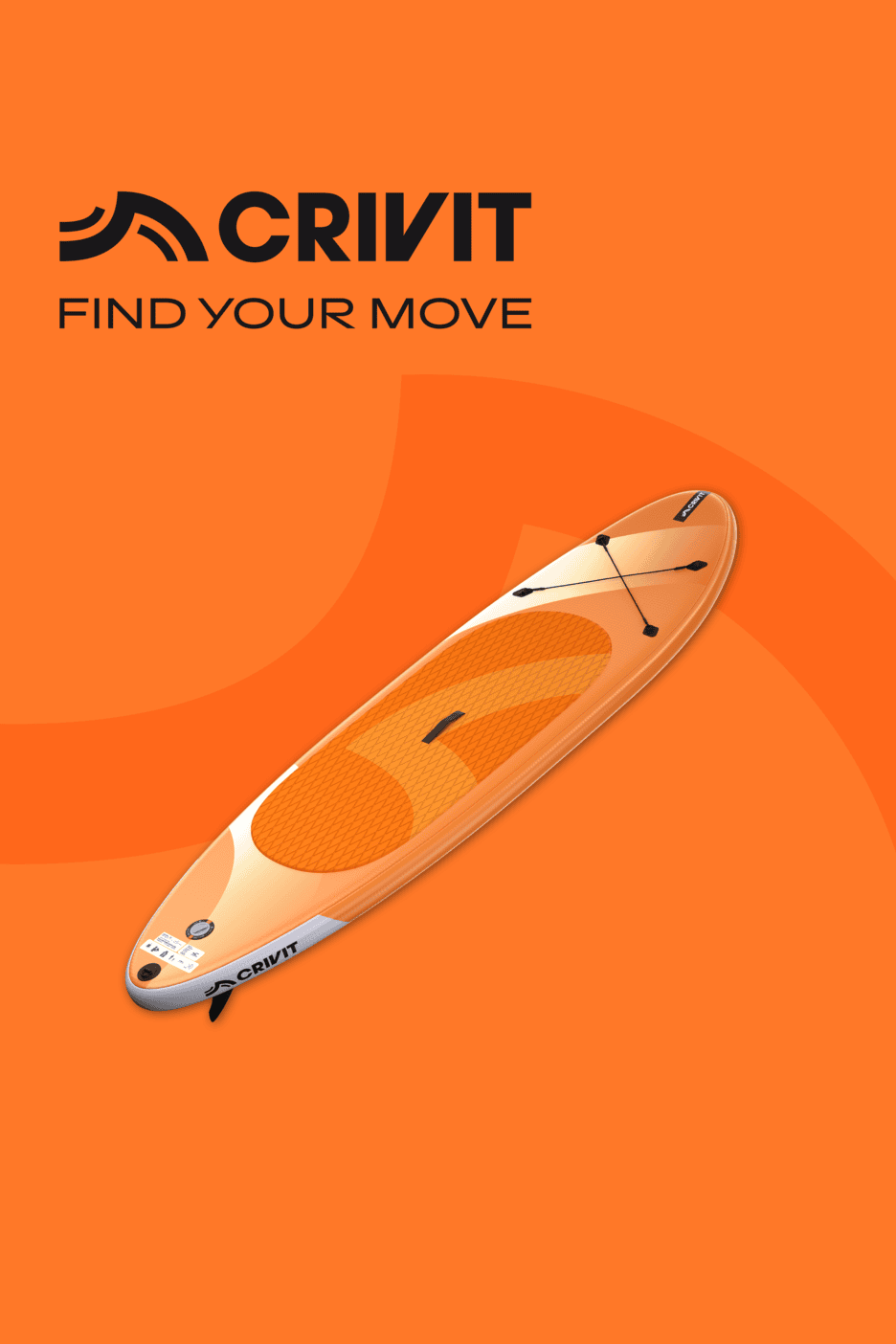Orangefarbenes Stand-Up-Paddle-Board mit schwarzem Logo und dem Text 'FIND YOUR MOVE'.