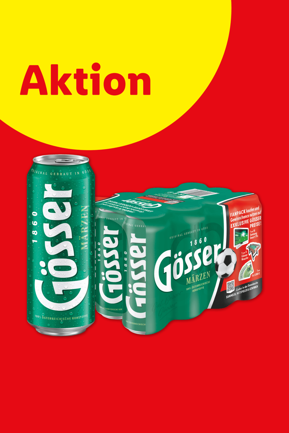 Grüne Bierdosen und ein 6er-Pack mit der Aufschrift „Aktion“ und Gewinnspielinformationen.