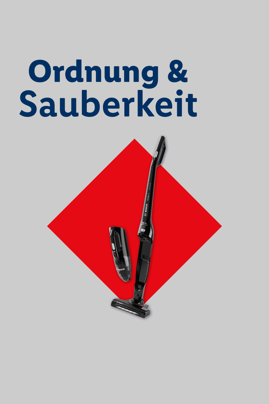 Ein schwarzer Stielstaubsauger und ein Handstaubsauger vor einem roten Rhombus mit dem Text 'Ordnung & Sauberkeit'.