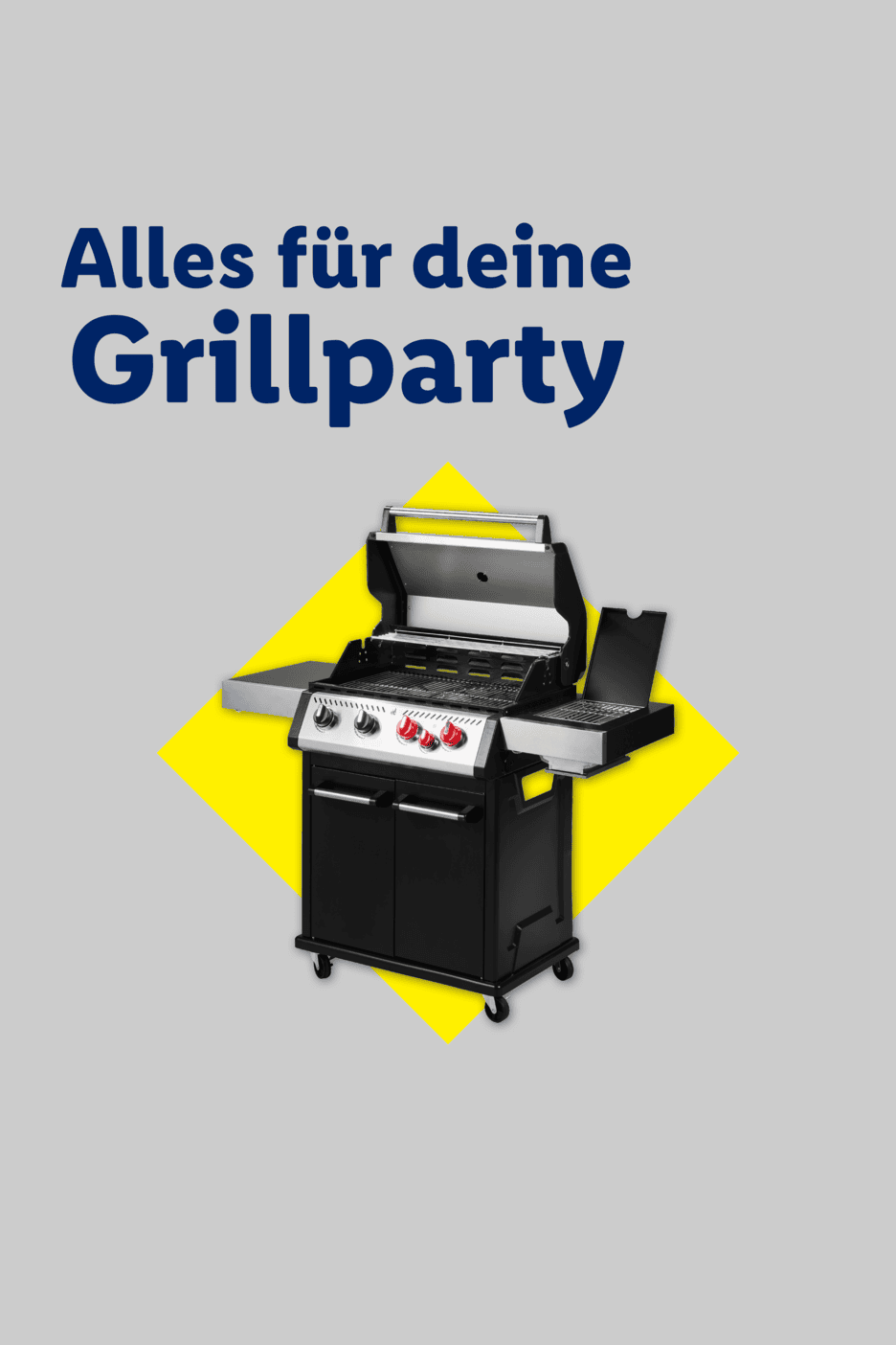 Gasgrill auf gelbem Hintergrund mit dem Text 'Alles für deine Grillparty'