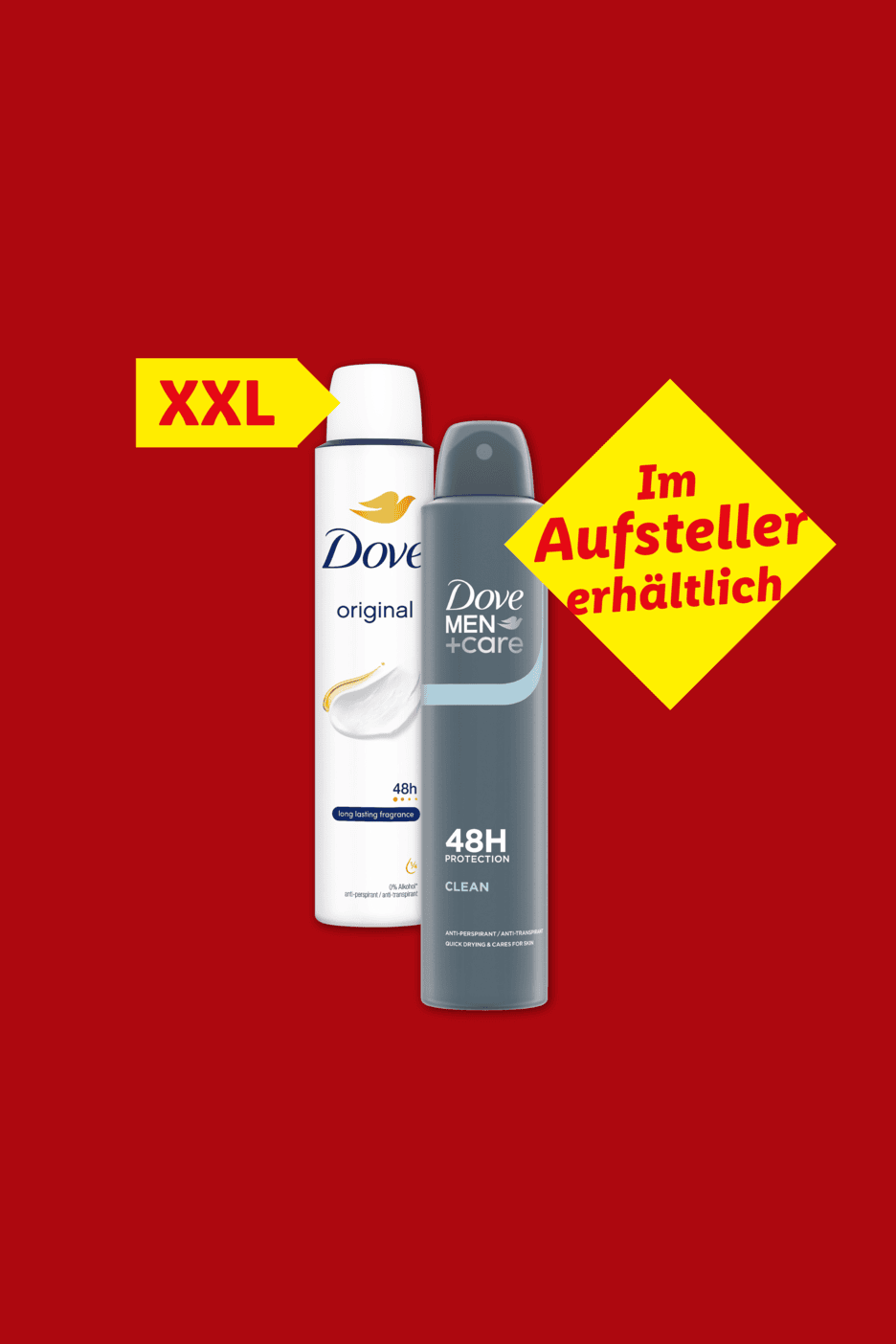 Zwei Deodorantsprays, eines für Damen und eines für Herren, mit XXL-Hinweis und Verfügbarkeitsinformationen.