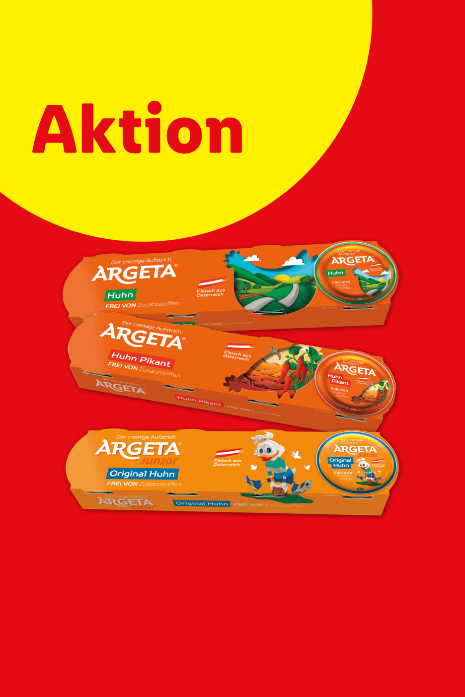 Aktion: Drei Packungen Hühneraufstrich, darunter pikante und Junior-Varianten, alle aus Österreich.