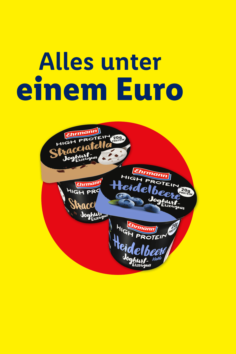 Zwei High-Protein-Joghurtsorten, Stracciatella und Heidelbeere, beworben mit „Alles unter einem Euro“.