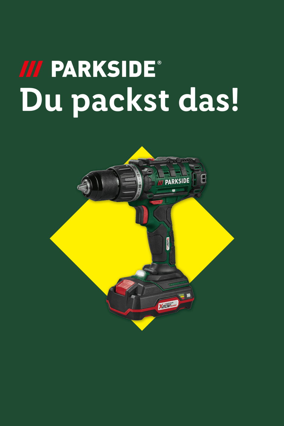 Grüner Hintergrund mit gelbem Quadrat und einem Akkuschrauber. Text: Du packst das!