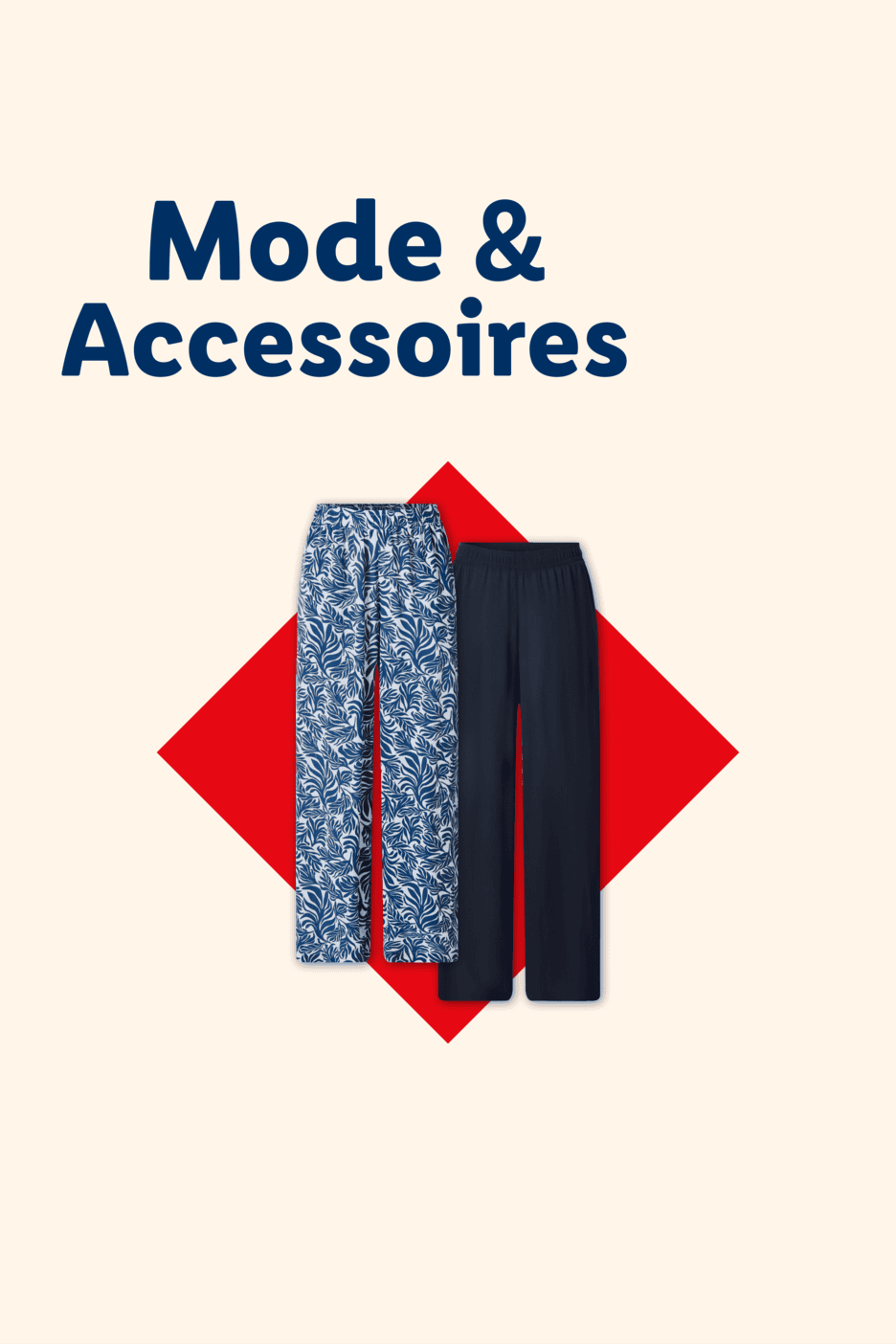 Mode & Accessoires: Zwei Damenhosen, eine mit blau-weißem Blattmuster, die andere dunkelblau.