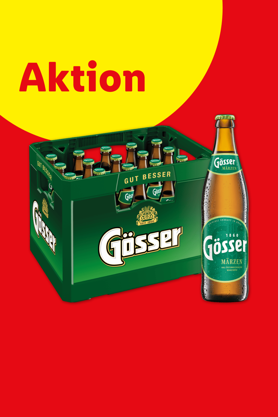 Aktionsangebot für ein Bierkasten mit Flaschen und eine einzelne Bierflasche.