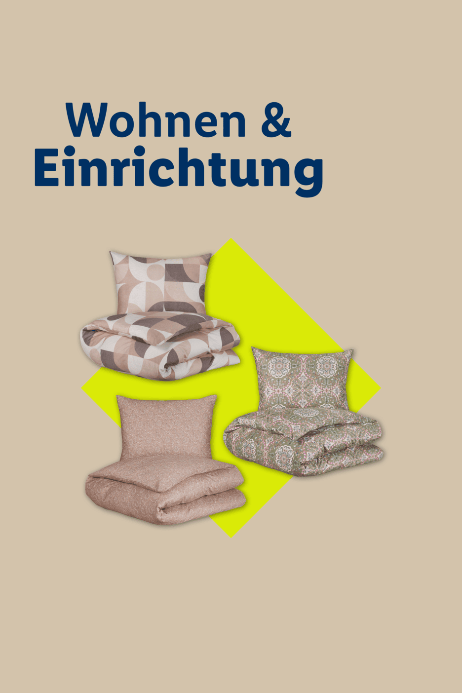 Drei Bettwäsche-Sets mit Kissen und Decke in verschiedenen Mustern und Farben.
