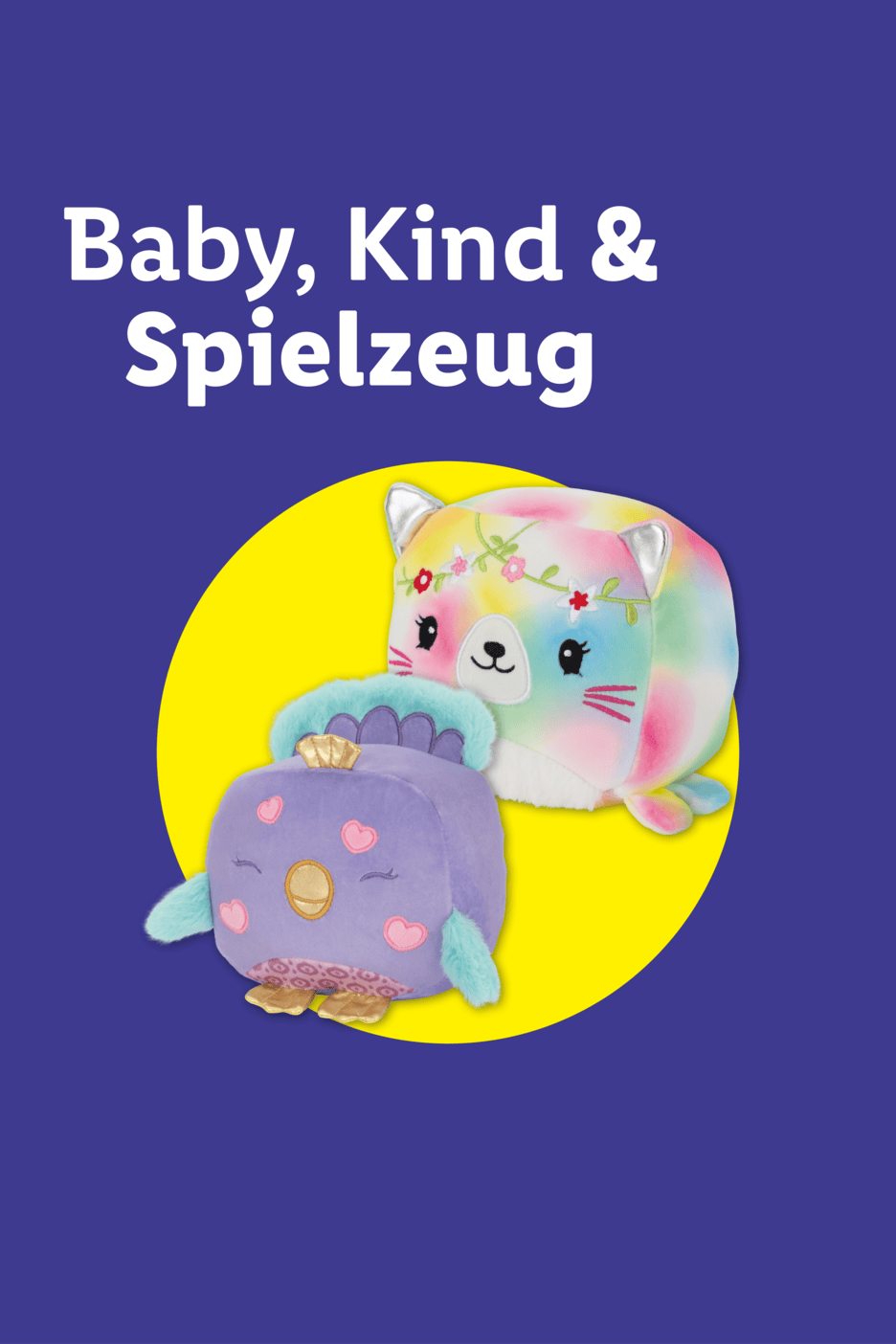 Baby, Kind & Spielzeug: Zwei bunte Plüschtiere auf gelbem Kreis.