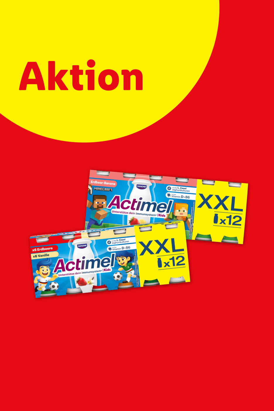 Aktion: Zwei Packungen Actimel Kids Joghurtgetränke in den Sorten Erdbeer-Banane (Minecraft) und Erdbeere-Vanille (Fußball) im XXL 12er-Pack.