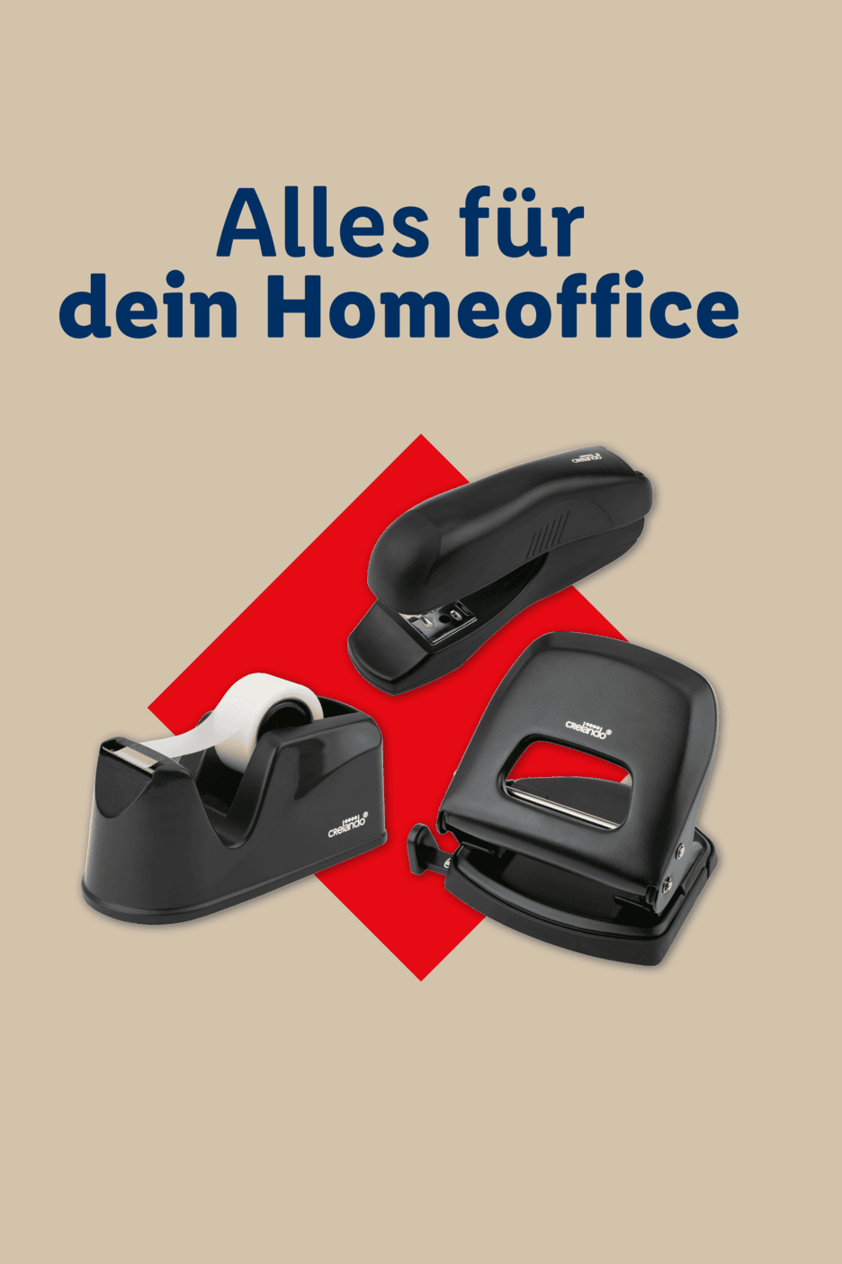 Alles für dein Homeoffice: Tacker, Locher und Klebebandabroller auf rotem Hintergrund.