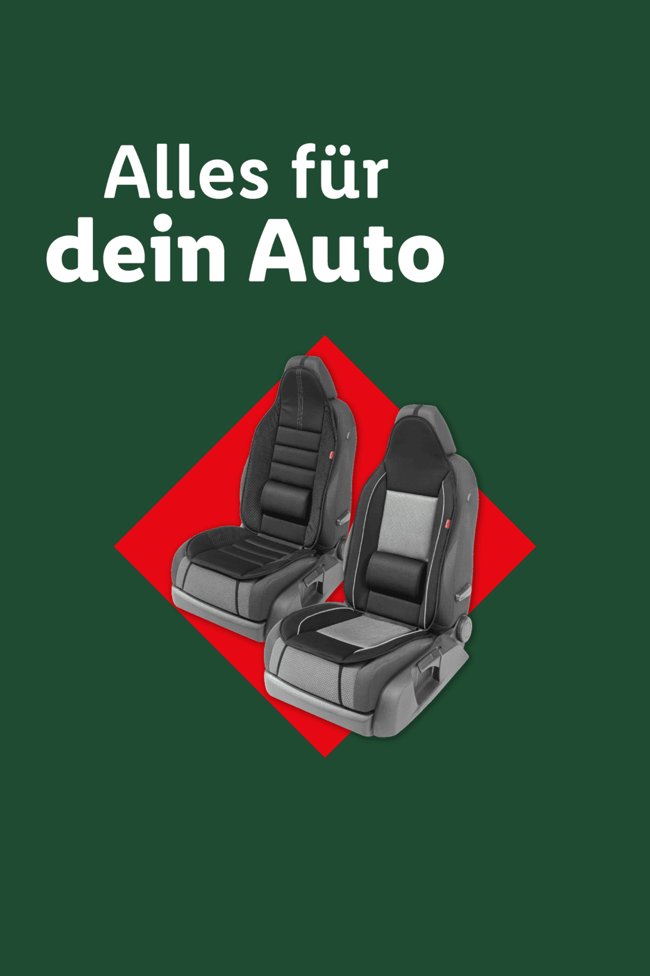 Zwei Autositzauflagen auf rotem Hintergrund mit dem Text 'Alles für dein Auto'.