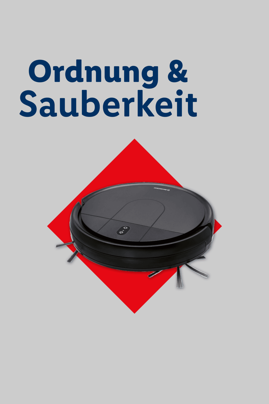 Schwarzer Saugroboter auf rotem Quadrat mit dem Text 'Ordnung & Sauberkeit'.