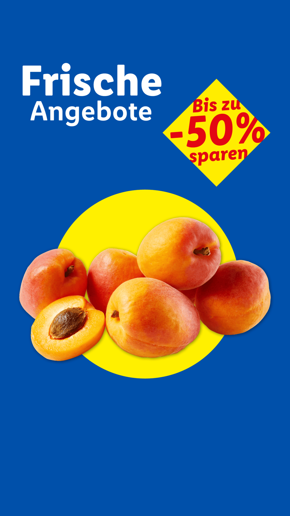 Frische Angebote: Aprikosen mit bis zu 50% Rabatt auf blauem Hintergrund.
