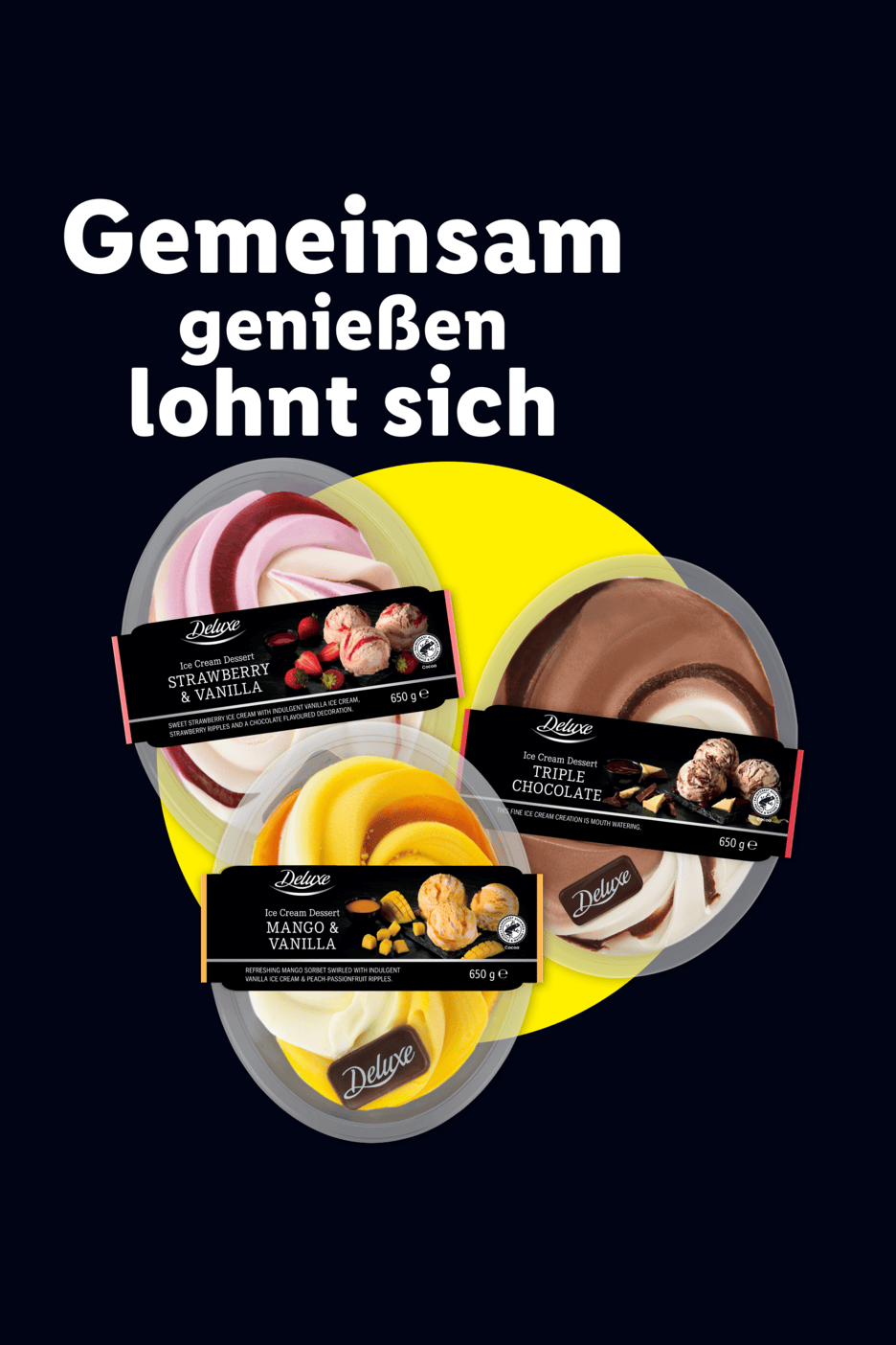Drei Eissorten – Erdbeer-Vanille, Mango-Vanille und dreifache Schokolade – mit dem Text „Gemeinsam genießen lohnt sich“.