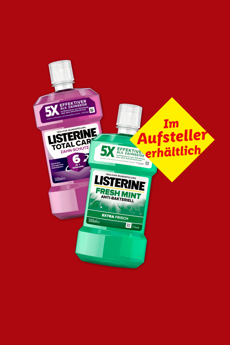 Zwei Mundspülflaschen, eine lila und eine grüne, mit dem Hinweis „Im Aufsteller erhältlich“.