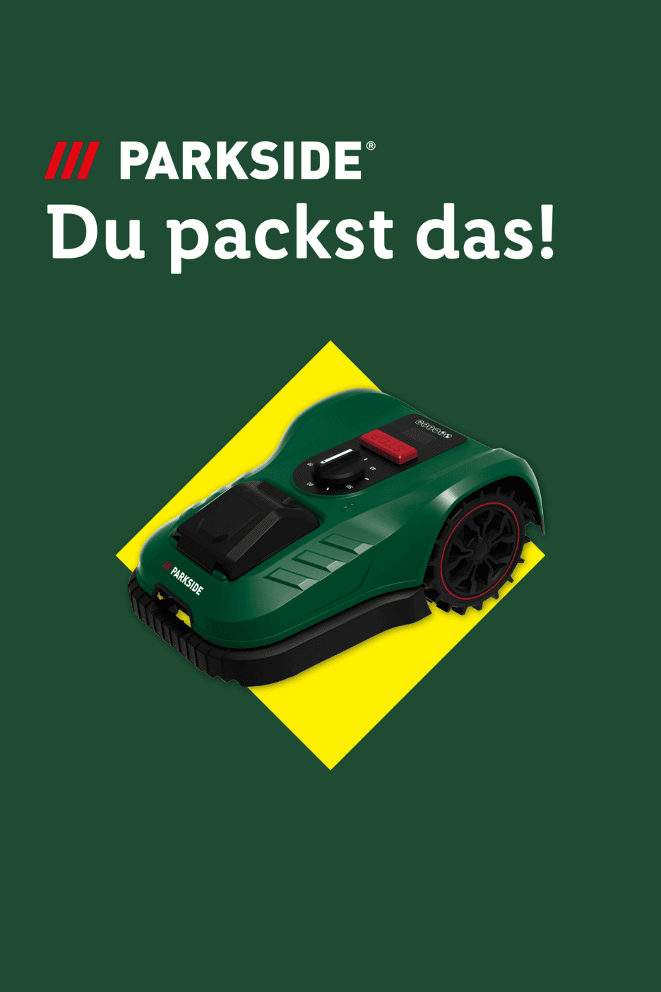 Grüner Mähroboter auf gelbem Quadrat mit dem Text 'Du packst das!'