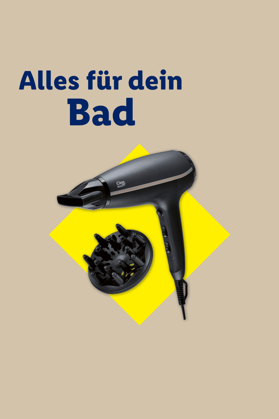 Haartrockner mit Diffusor vor gelbem Hintergrund und dem Text 'Alles für dein Bad'.