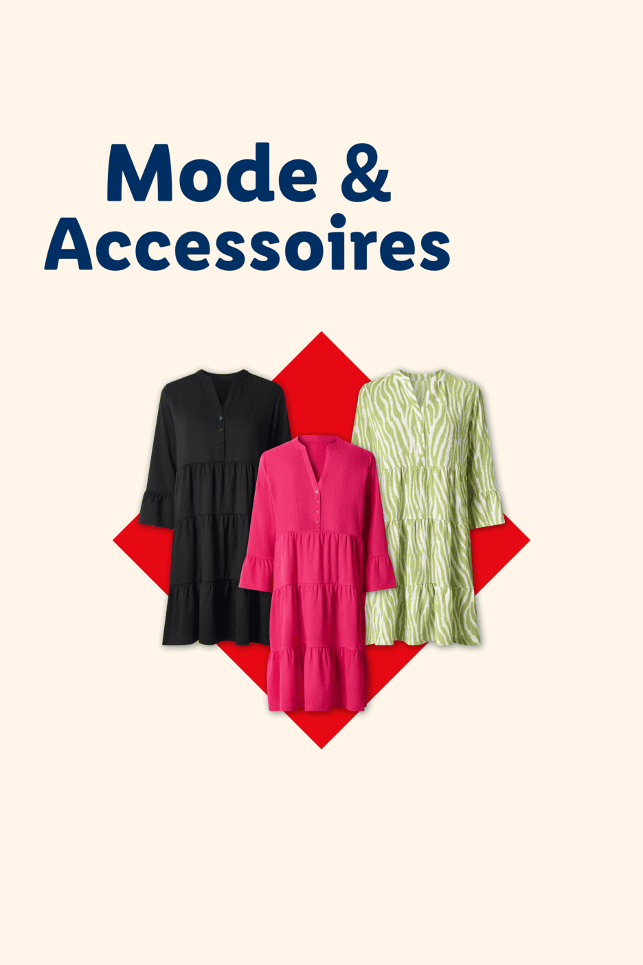 Mode & Accessoires: Drei Damenkleider in Schwarz, Pink und Grün mit Zebramuster.