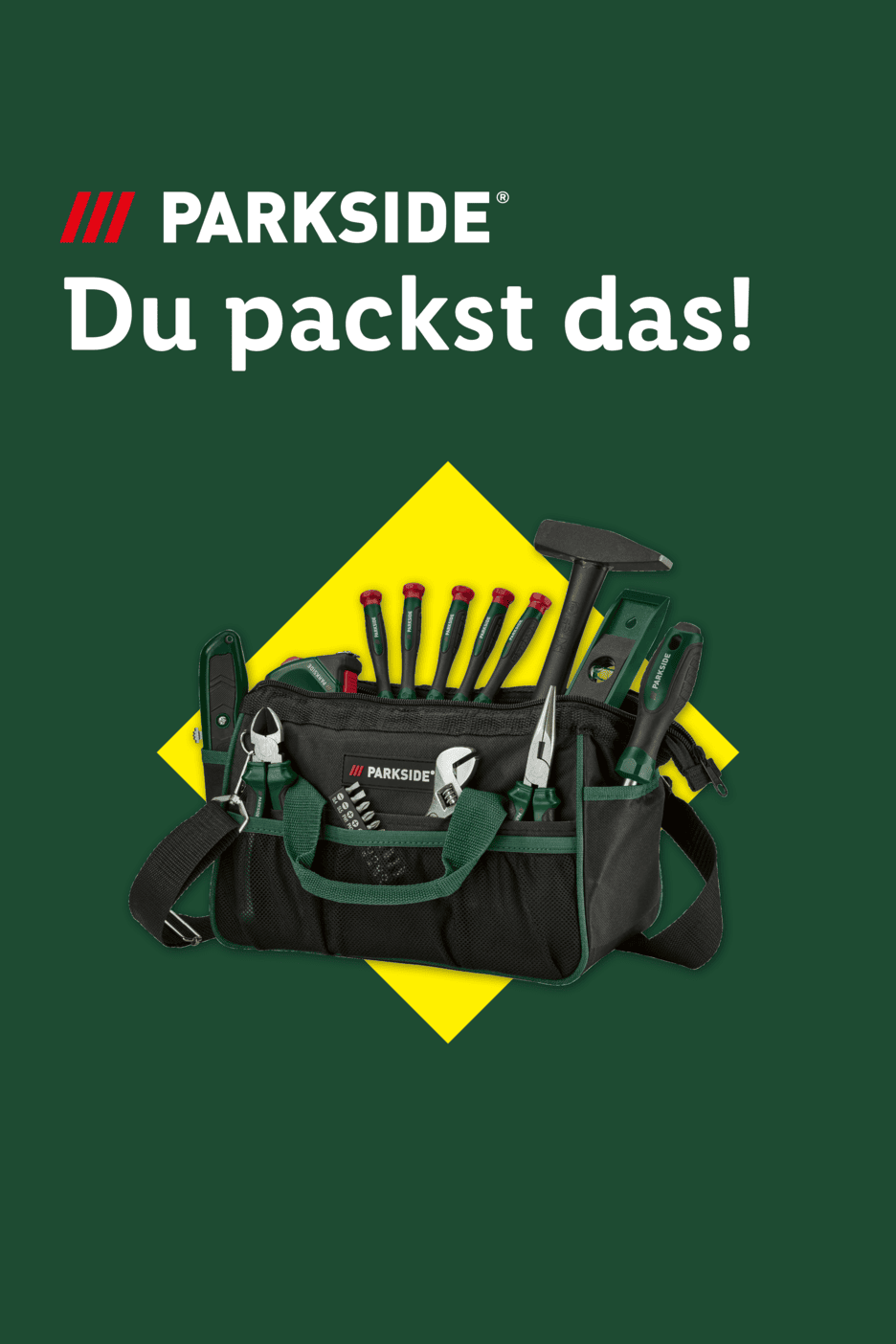 Werkzeugtasche mit Schraubendrehern, Hammer und Zangen auf gelbem Hintergrund, Text: Du packst das!