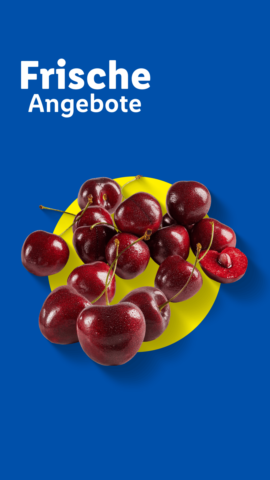 Frische Angebote: Ein Haufen Kirschen auf einem gelben Kreis vor blauem Hintergrund.