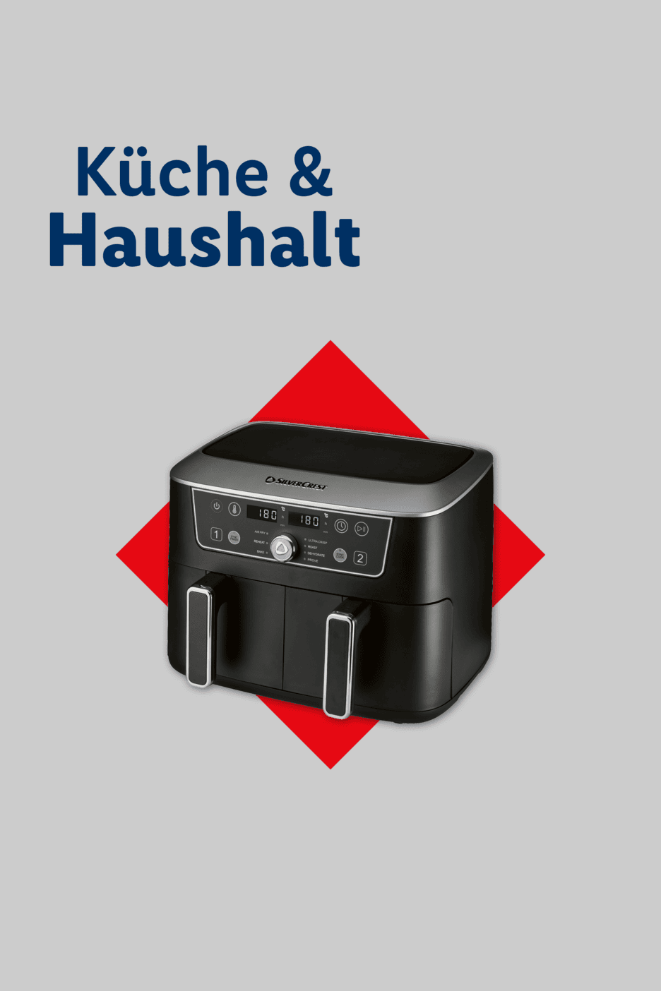 Küchen- und Haushaltsgeräte mit einer schwarzen Doppel-Heißluftfritteuse im Vordergrund.