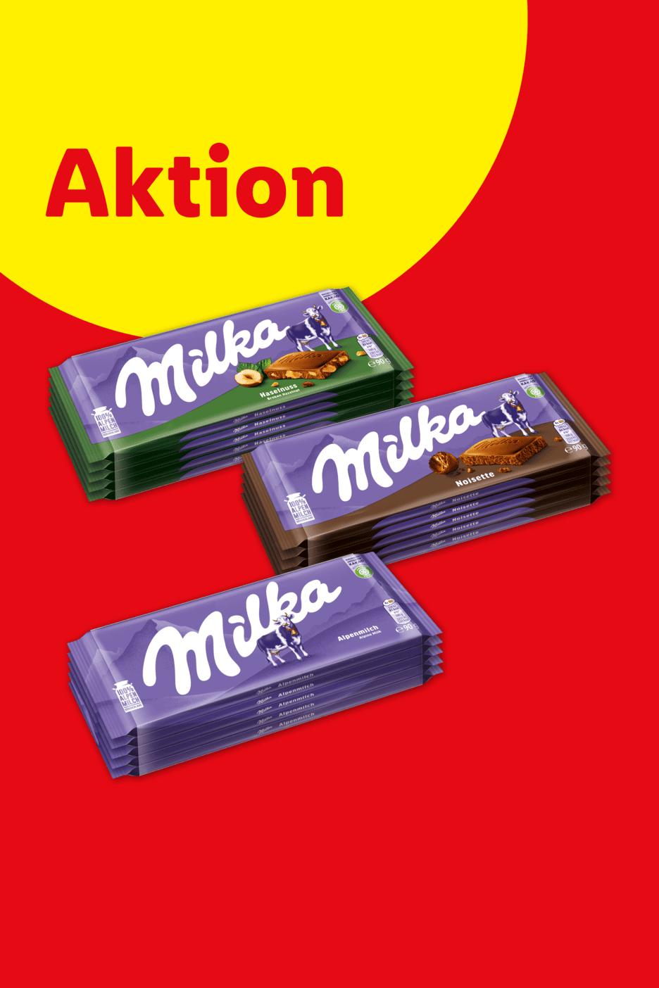 Aktion: Stapel von Haselnuss-, Noisette- und Alpenmilch-Schokoladentafeln.