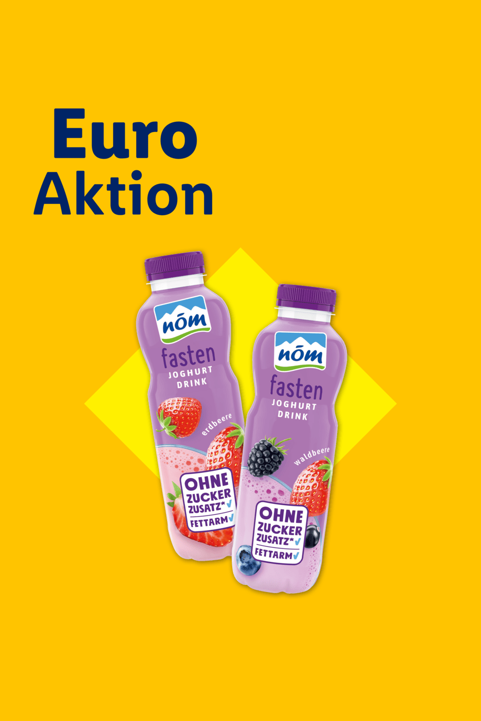 Zwei lila Joghurt-Drinks mit Erdbeer- und Waldbeergeschmack, beworben als 'Euro Aktion'.
