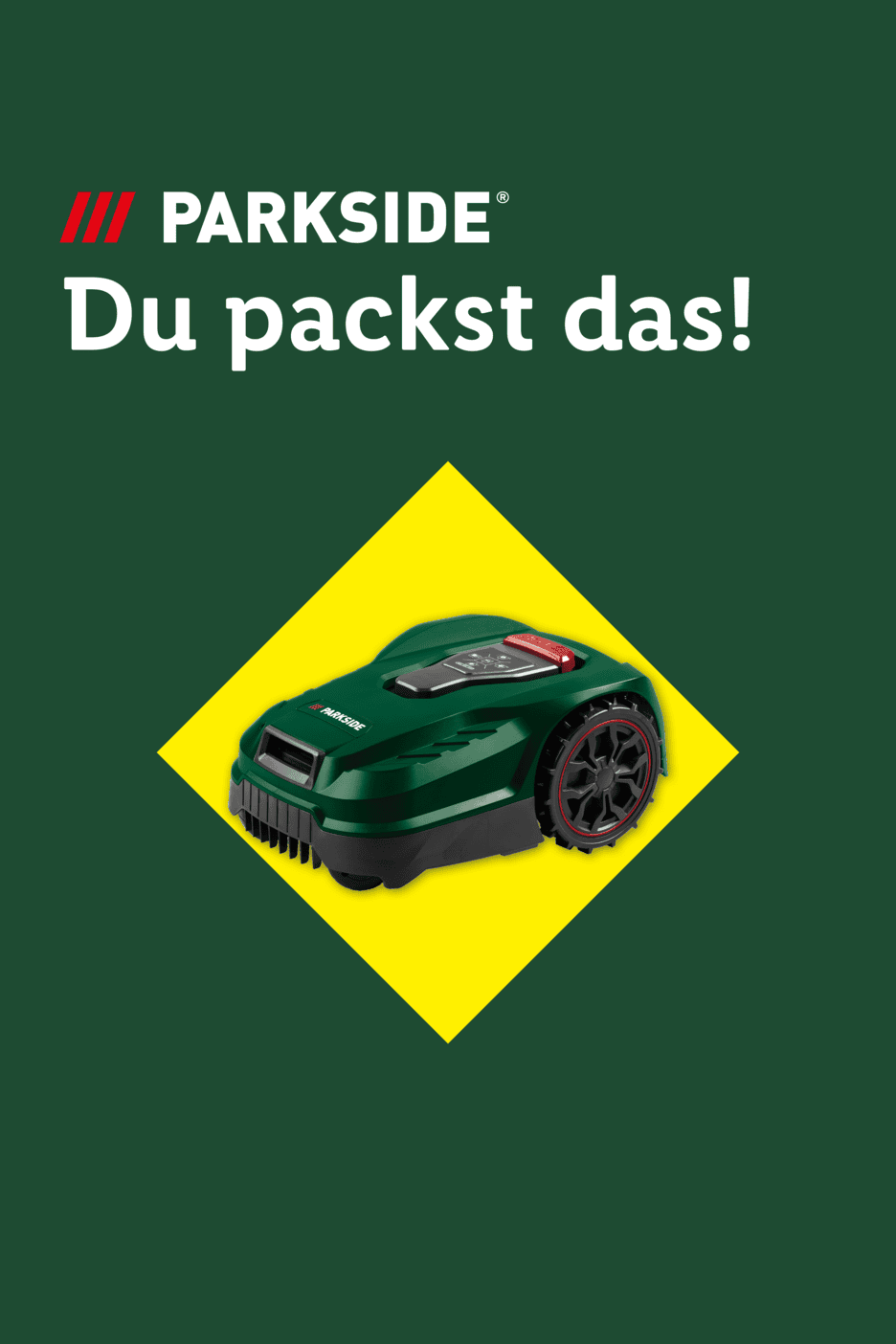Grüner Mähroboter auf gelbem Hintergrund mit dem Text 'Du packst das!'