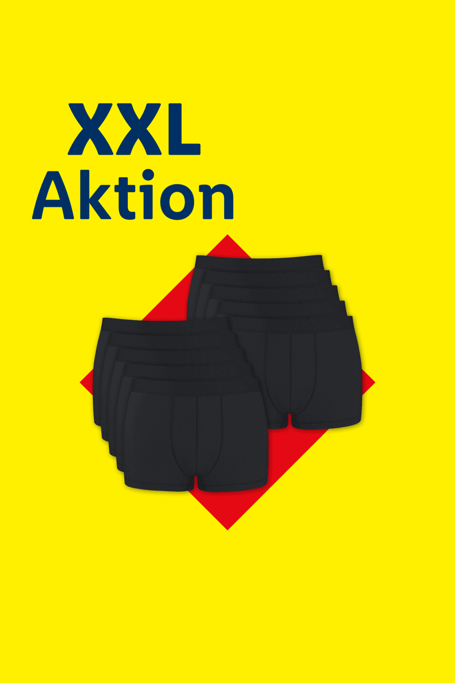 XXL Aktion: Schwarze Boxershorts auf gelbem Hintergrund mit rotem Akzent.