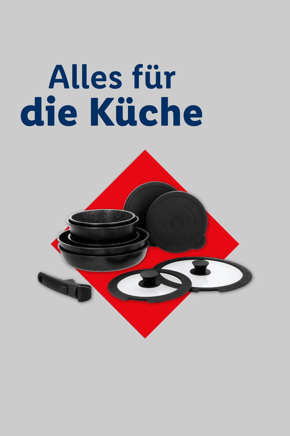Schwarzes Topf- und Pfannenset mit abnehmbarem Griff und Deckeln auf rotem Hintergrund, mit dem Text 'Alles für die Küche'.