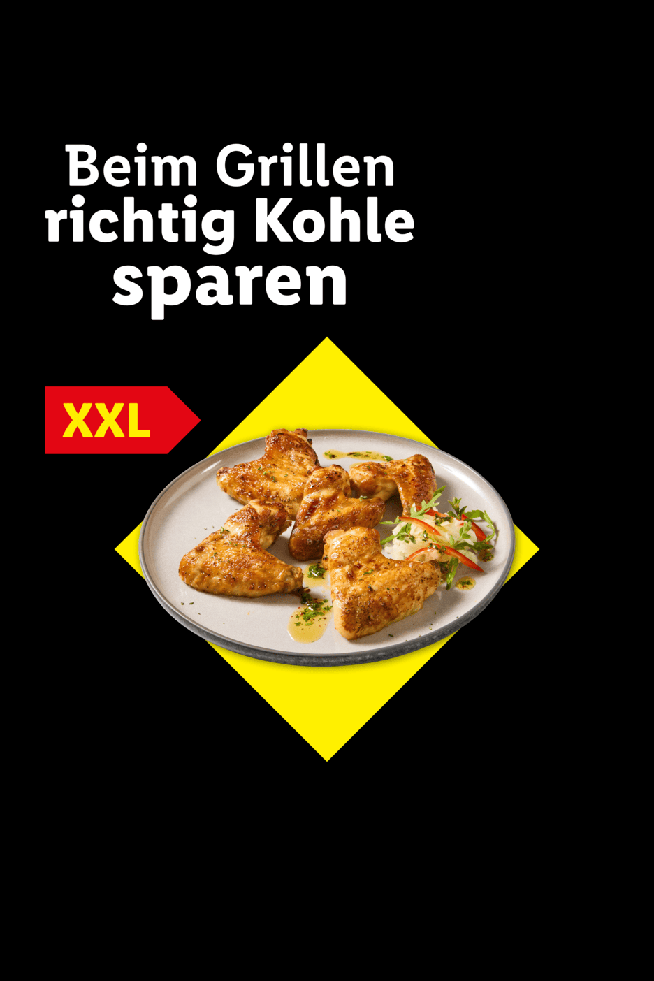 Hähnchenflügel auf einem Teller mit Salat, umgeben von einem gelben Quadrat, mit dem Text 'Beim Grillen richtig Kohle sparen' und 'XXL'.