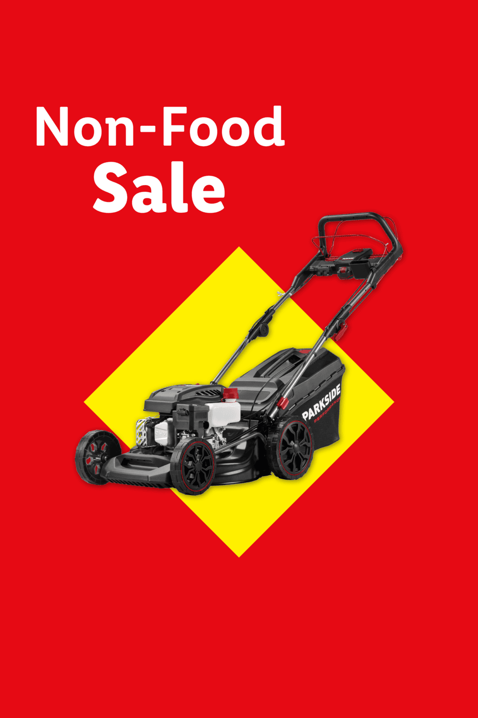 Roter Hintergrund mit gelbem Quadrat und einem Rasenmäher, darüber steht 'Non-Food Sale'.