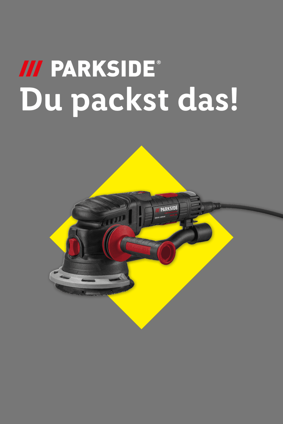 Exzenterschleifer auf gelbem Quadrat mit dem Text 'Du packst das!'