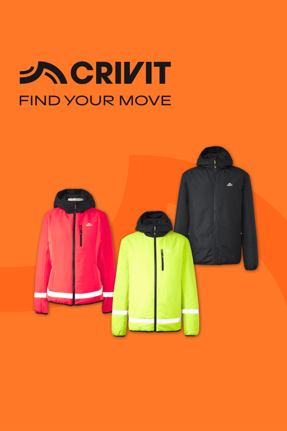 Drei Sportjacken in Rot, Neongelb und Schwarz mit dem Text 'FIND YOUR MOVE'.
