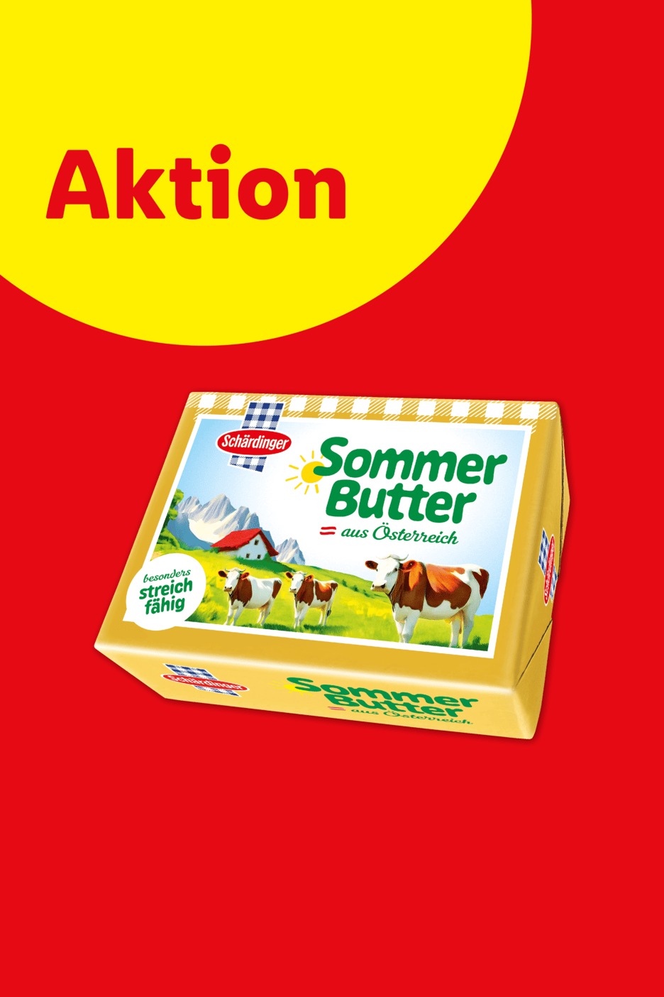 Eine Packung Sommerbutter mit der Aufschrift 'Aktion' auf einem roten Hintergrund.