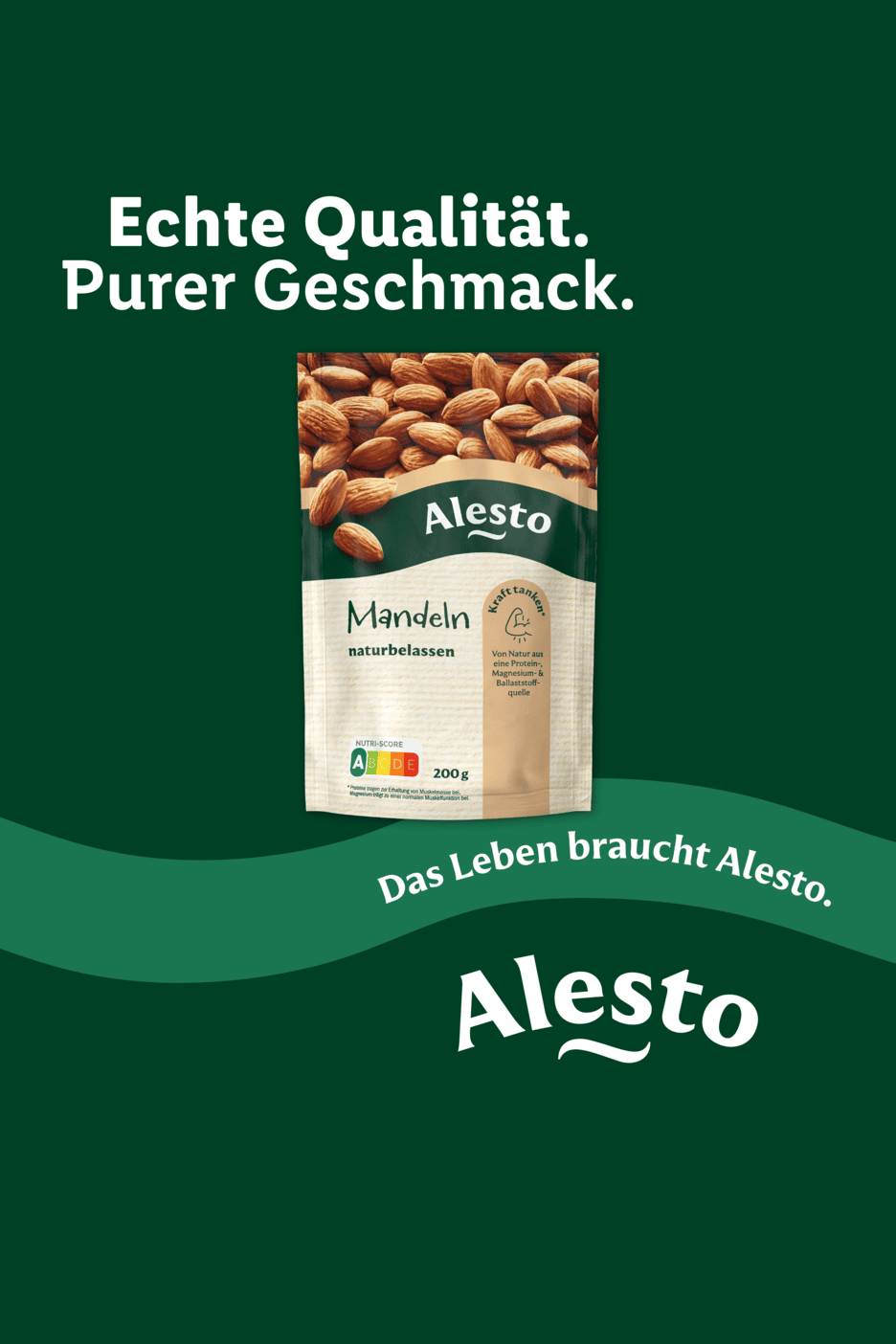Eine Packung naturbelassene Mandeln mit dem Text „Echte Qualität. Purer Geschmack.“ und „Das Leben braucht Alesto.“