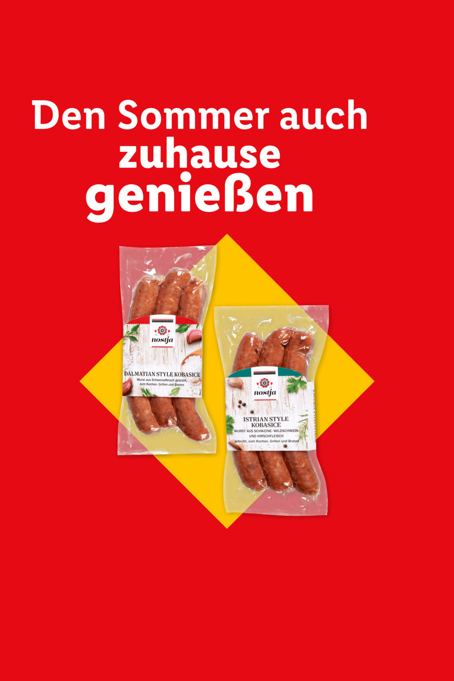 Zwei Packungen dalmatinische und istrische Würste auf gelbem Hintergrund mit dem Text 'Den Sommer auch zuhause genießen'.