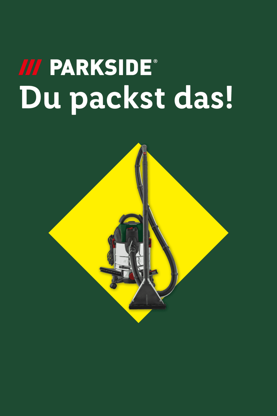 Nass- und Trockensauger auf gelbem Quadrat mit dem Text „Du packst das!“