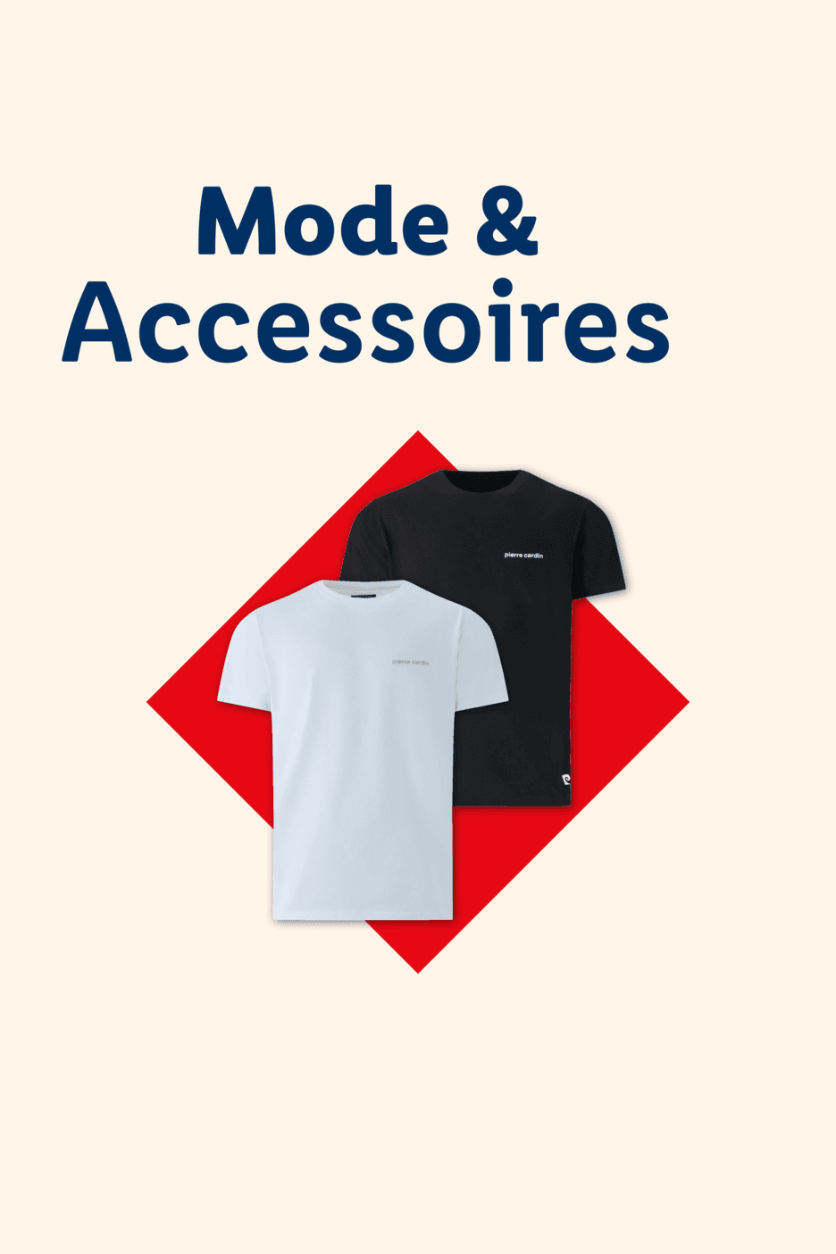 Zwei T-Shirts, eines weiß und eines schwarz, auf einem roten Rautenmuster mit dem Text „Mode & Accessoires“.