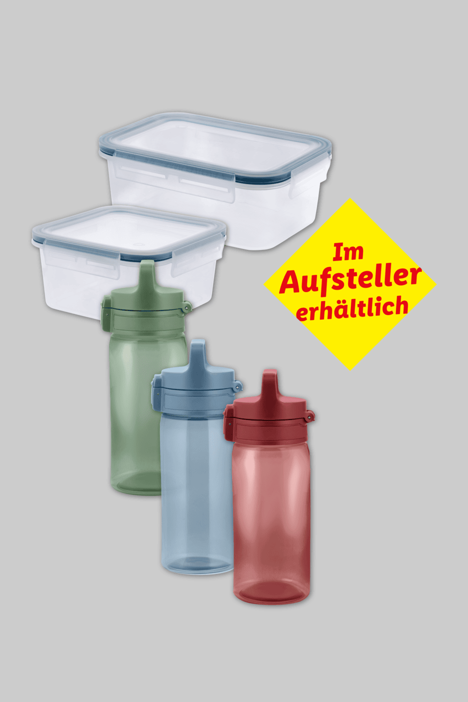 Zwei Frischhaltedosen und drei Trinkflaschen in verschiedenen Farben. Text: 'Im Aufsteller erhältlich'