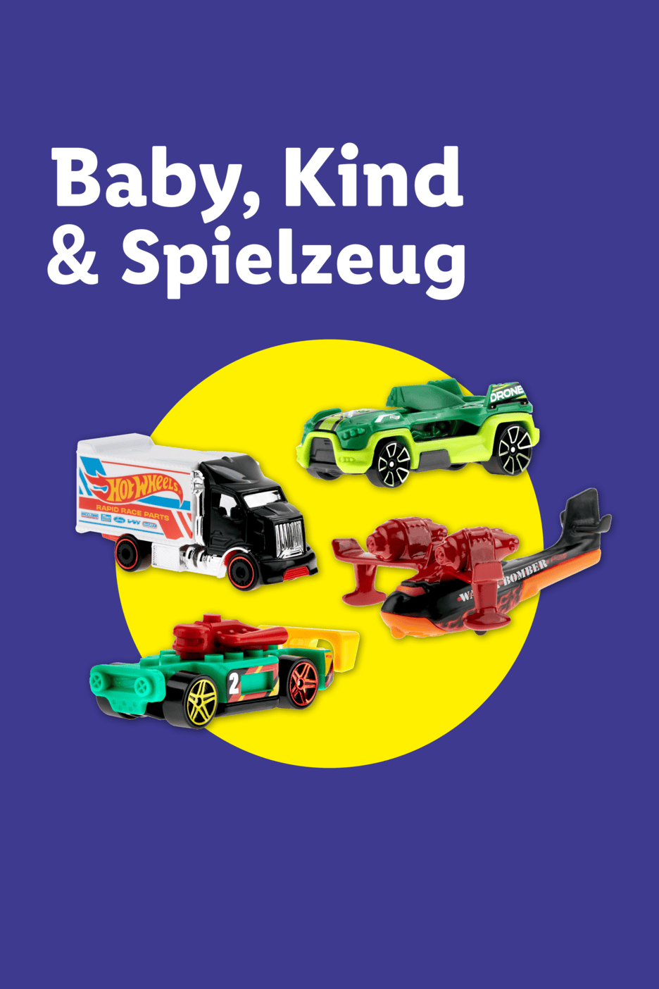 Spielzeugautos und Flugzeuge auf gelbem Kreis mit Text „Baby, Kind & Spielzeug“.