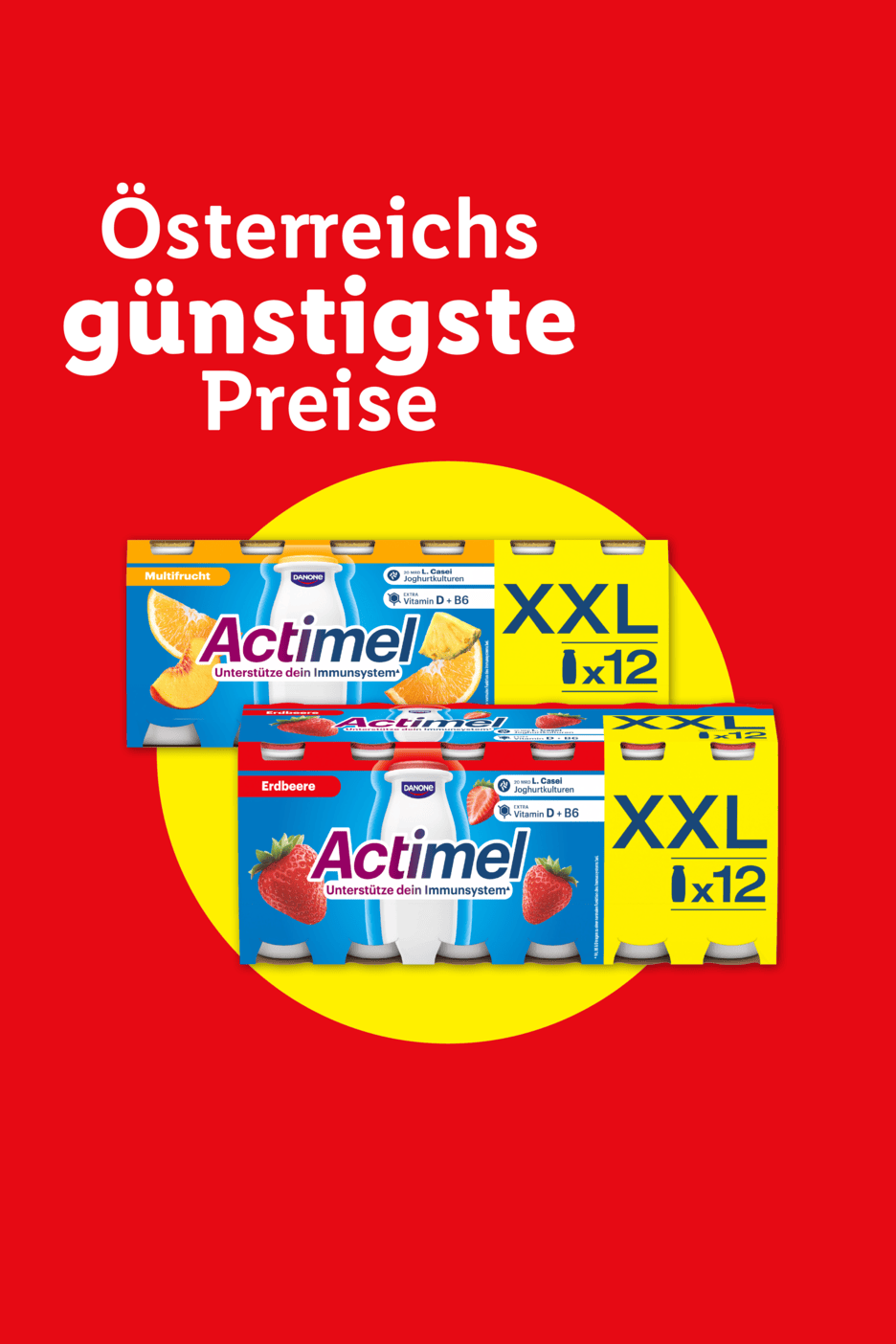 Zwei XXL-Packungen Joghurtgetränke in den Geschmacksrichtungen Multifrucht und Erdbeere mit dem Text „Österreichs günstigste Preise“.