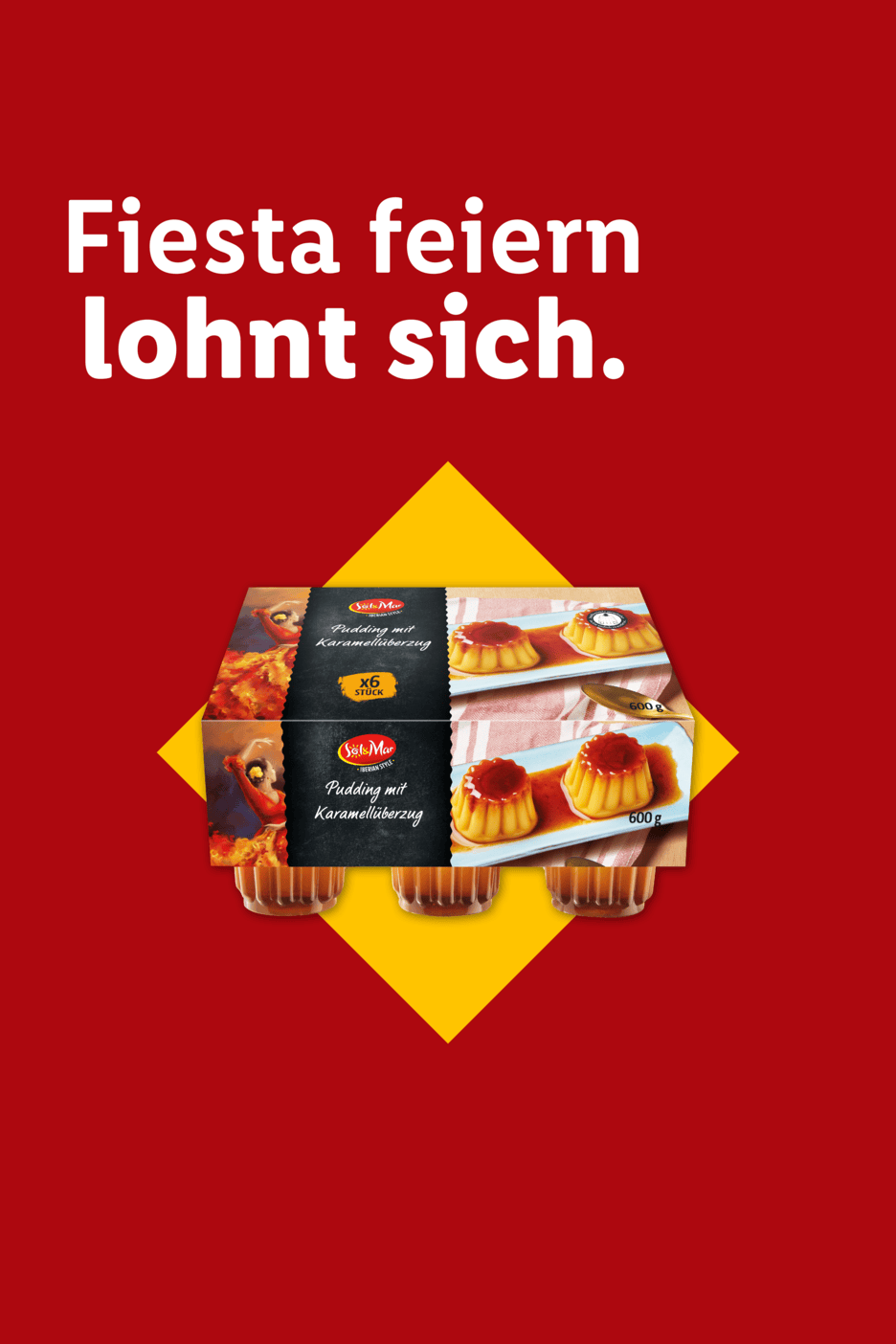 Zwei Packungen Karamellpudding mit der Aufschrift „Fiesta feiern lohnt sich“.