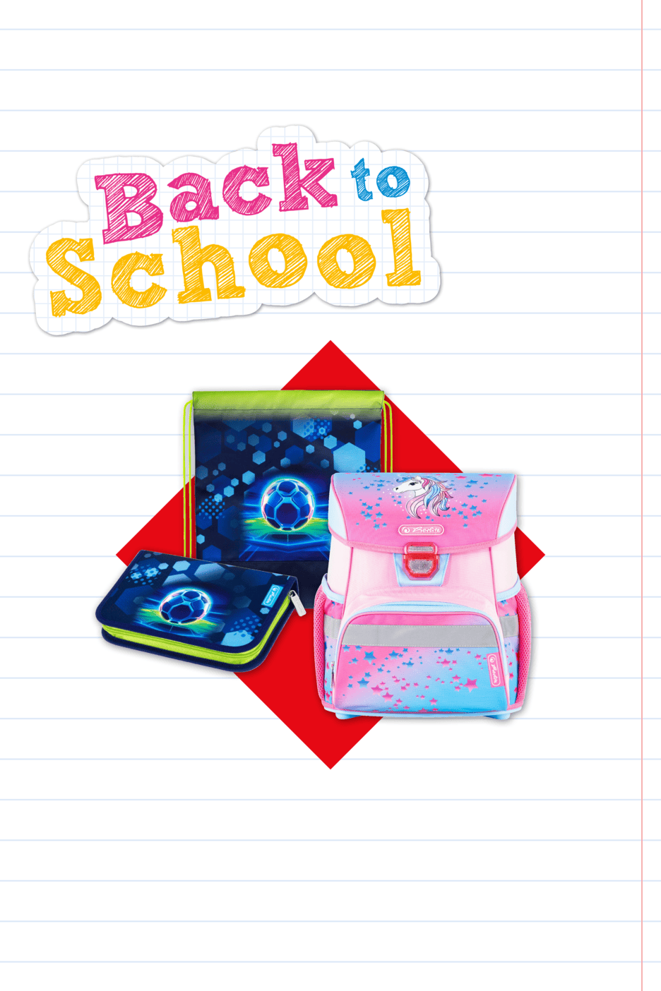 Schulranzen und Federmappe mit Fußballmotiv, Schulranzen mit Einhornmotiv, mit „Back to School“-Schriftzug