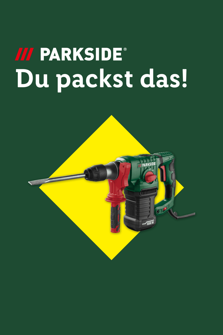 Ein Bohrhammer auf gelbem Hintergrund mit dem Text „Du packst das!“